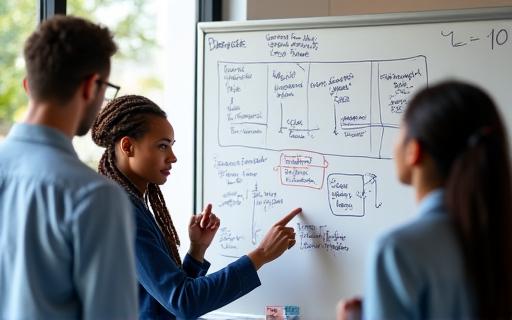 People collaborating around a whiteboard with strategy notes